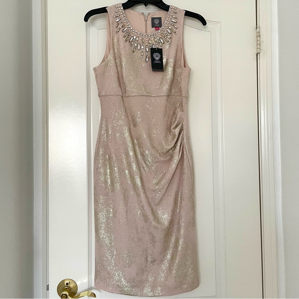 Vince Camuto Embellished Rhinestones Sleeveless Midi Dress Gold/Nude (BRAND NEW)